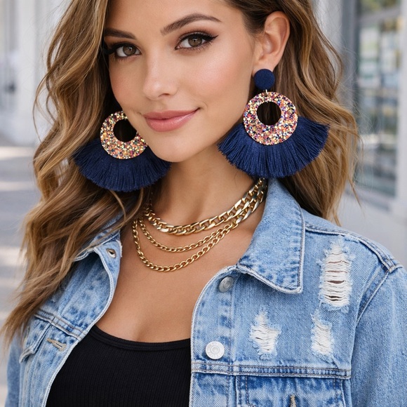 Jewelry - Navy Tassel Fringe Earrings Multicolor Glitter Circle Statement Boho